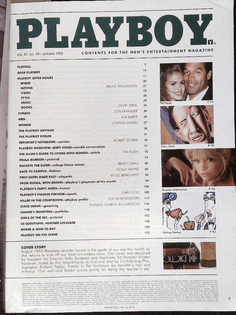 PLAYBOY 10/1994 JENNIFER LAVOIE Paula Barbieri VICTORIA ZDROK Jerry Jones N/MINT